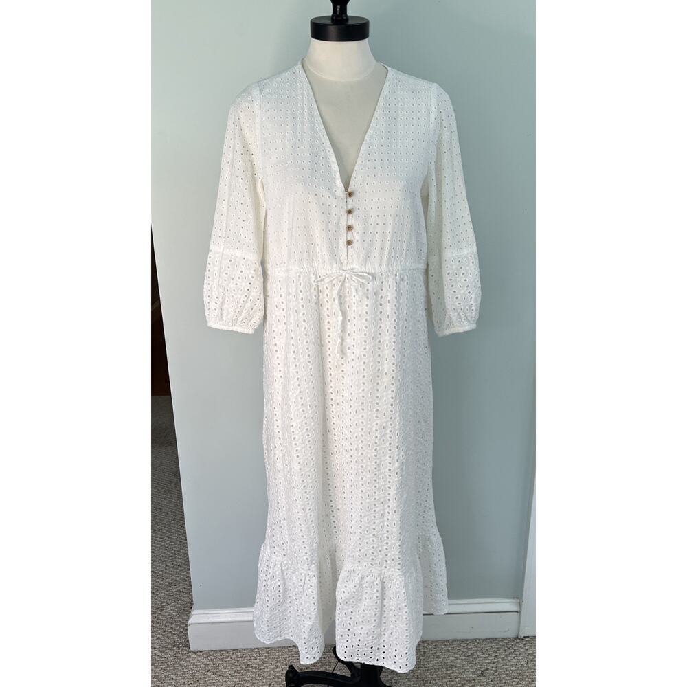 ZARA White Eyelet V-NECK MIDI DRESS SZ SM Event Wedding Beach Church Cruise